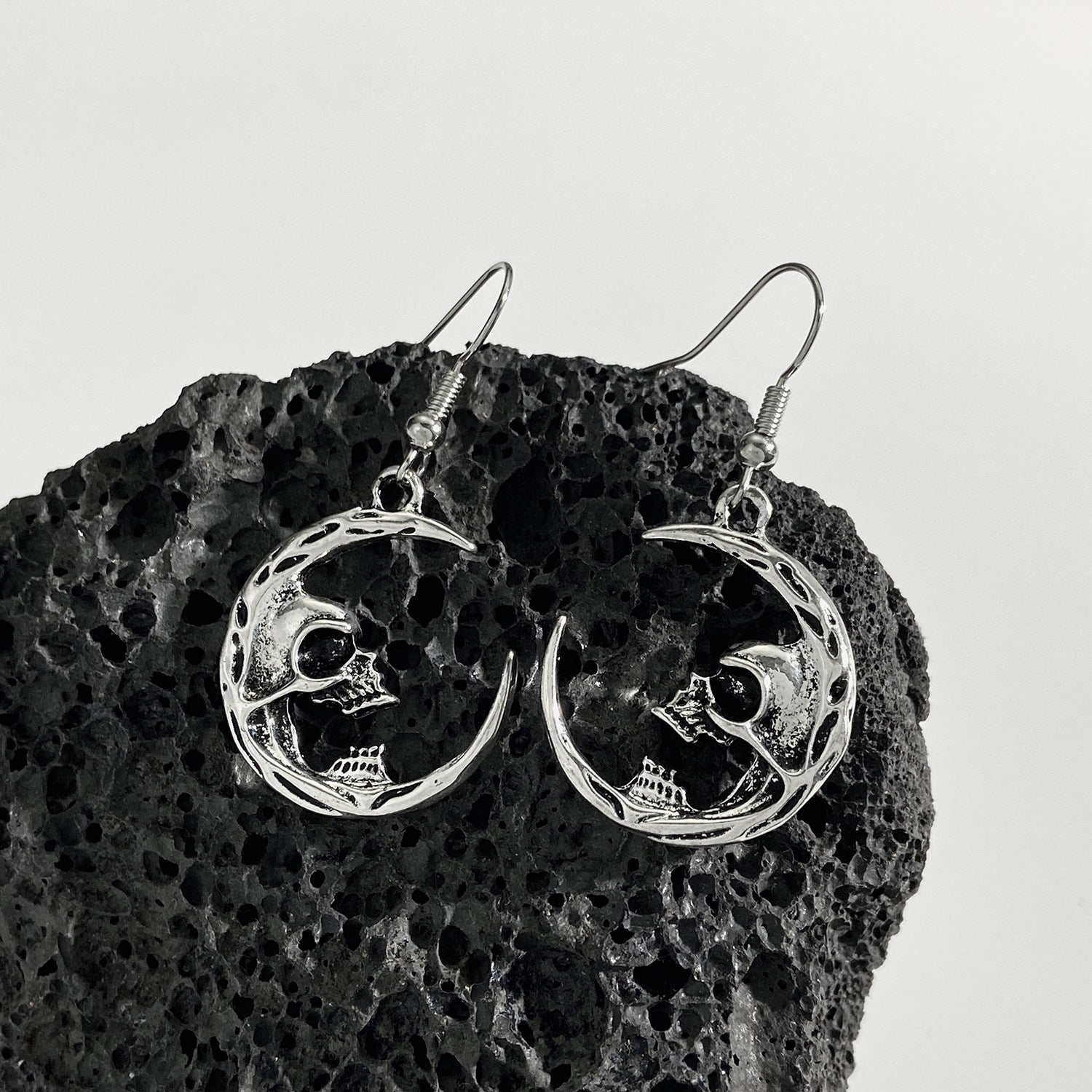 Wholesale Halloween Half Skeleton Crescent Gothic Exaggerated Alloy Earrings
